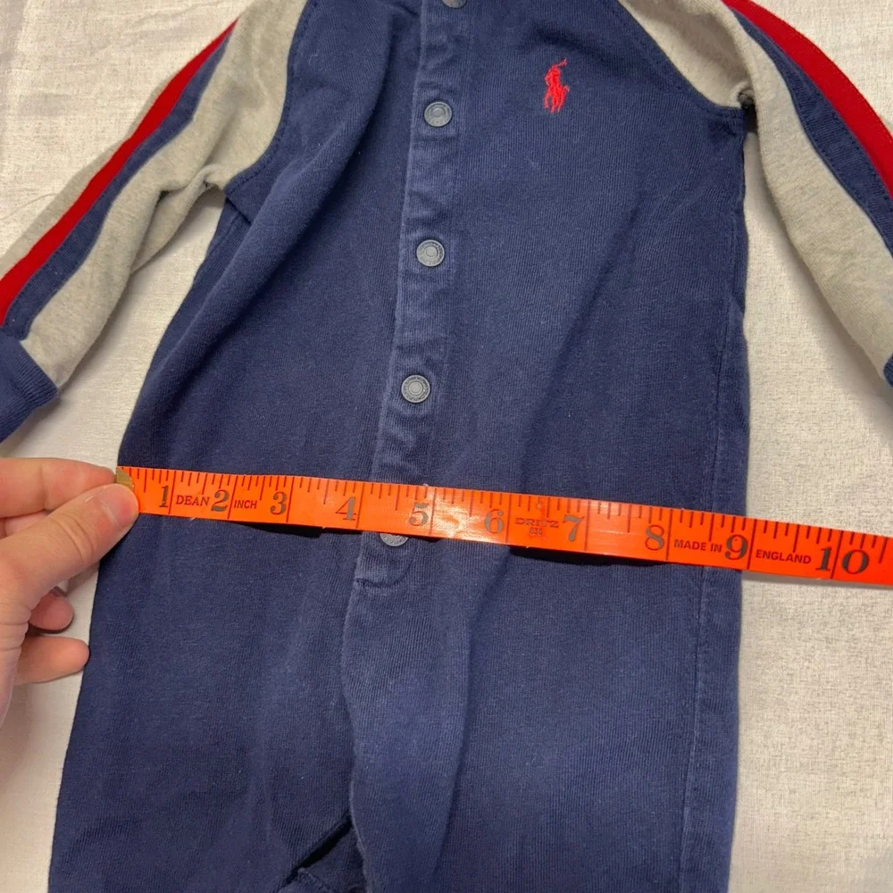 Ralph Lauren Baby Boy Navy Gray Red Stripe Footed Coverall Mock Neck 3M 60
